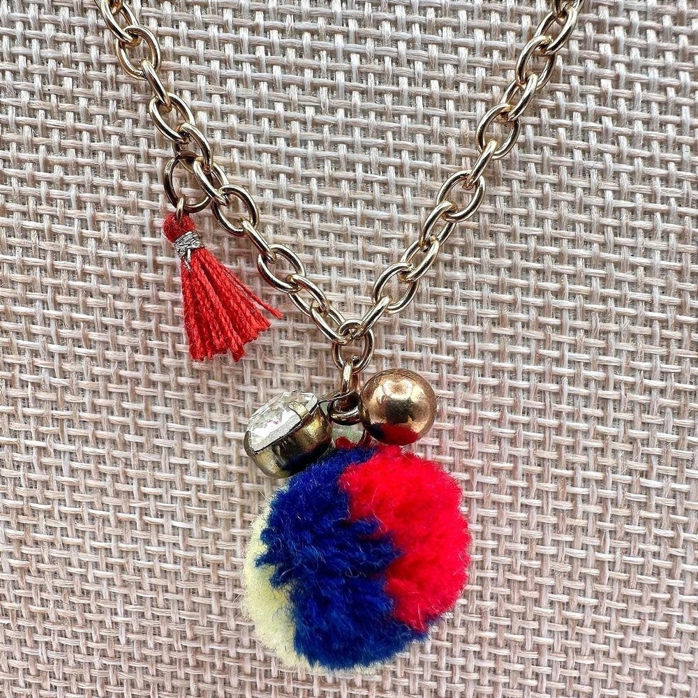 Vintage 80s Gold Tone Chain Necklace Red Navy Po Tassel Charm Rhinestone Jewelry